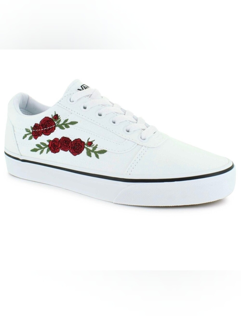 Vans White Low-Top Sneakers with Red Rose Embroidery